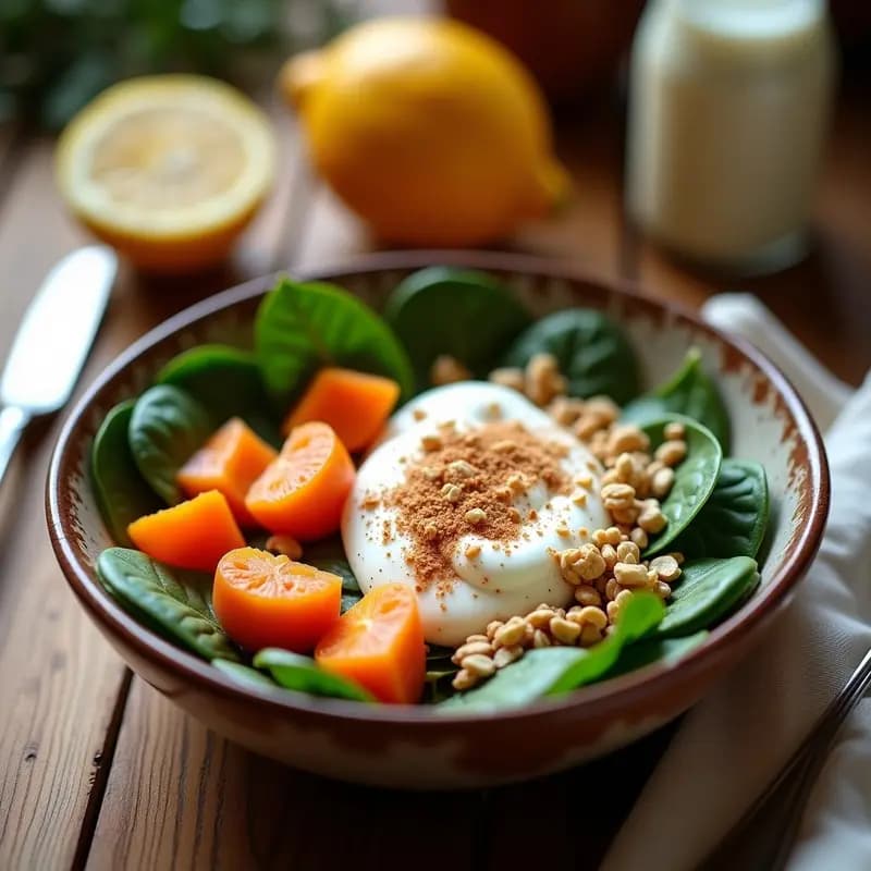 Bowl de desayuno otoñal con base de espinacas frescas, cubos de caqui maduro, avena en copos, nueces picadas y aderezo cremoso de yogur con semillas de sésamo tostado. Decorado con canela en polvo y rodajas de limón al fondo.