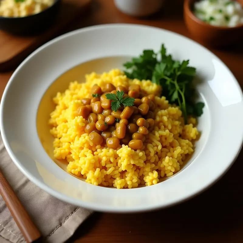 Bowl de desayuno vegano con base de arroz de coliflor blanco, cubierto de un curry espeso de lentejas amarillas y coco con tonos dorados, espinacas verdes, almendras fileteadas tostadas y cilantro fresco. Plato colorido y apetitoso, servido en un bol hondo de cerámica blanca sobre fondo rústico de madera.