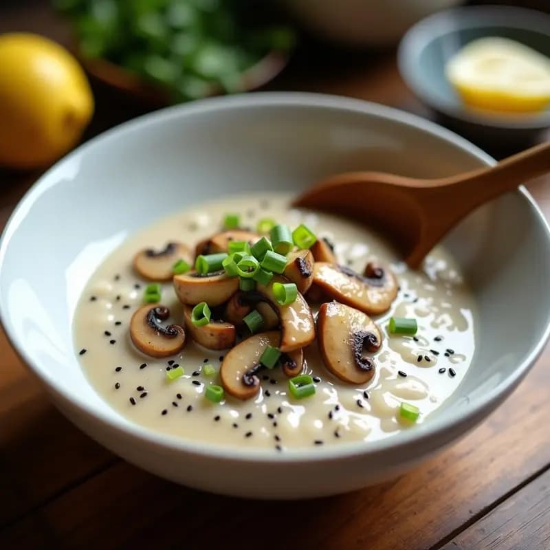 Bowl hondo de cerámica blanca con congee cremoso de arroz jazmín, hongos shiitake dorados, jengibre rallado y toppings de brotes de soja, cebollino y semillas de sésamo negro. Acompañado de rodaja de limón y chorrito de aceite de sésamo. Receta china depurativa y reconfortante.
