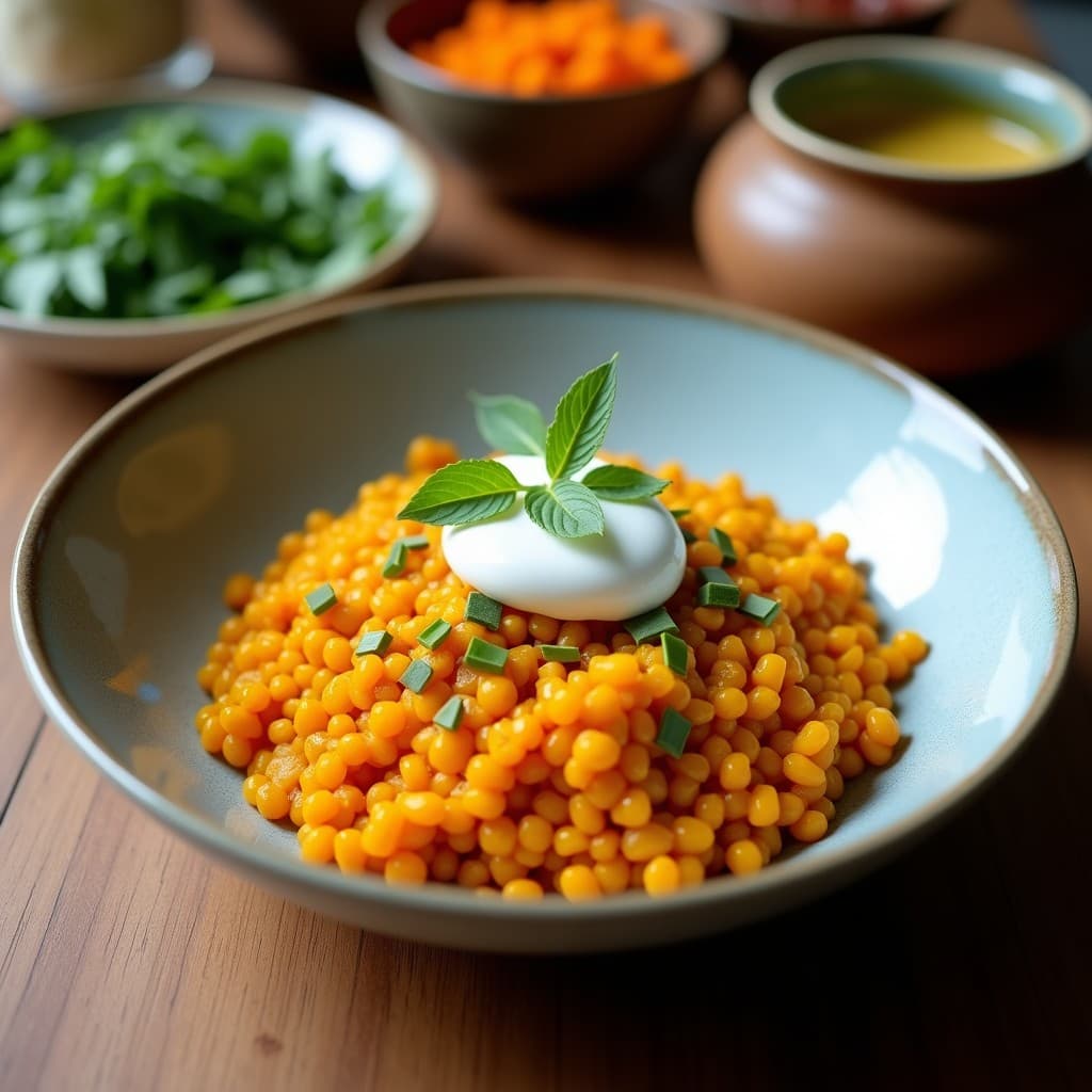Bowl ayurvédico antiinflamatorio con capas de lentejas rojas estofadas con cúrcuma, zanahoria y espinacas, coronado por una espuma de coco aireada. Decorado con cilantro fresco y semillas de sésamo tostadas sobre fondo rústico.