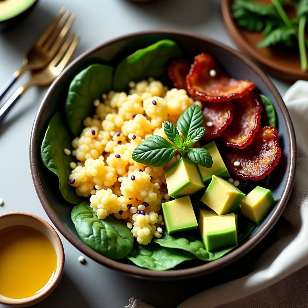Bowl colorido con cuscús de coliflor salteado, tiras doradas de bekon vegano crujiente, aguacate en cubos, tomates cherry, cebolla morada y semillas de sésamo negro, servido sobre hojas de espinaca fresca. Desayuno sin gluten y alto en proteína.