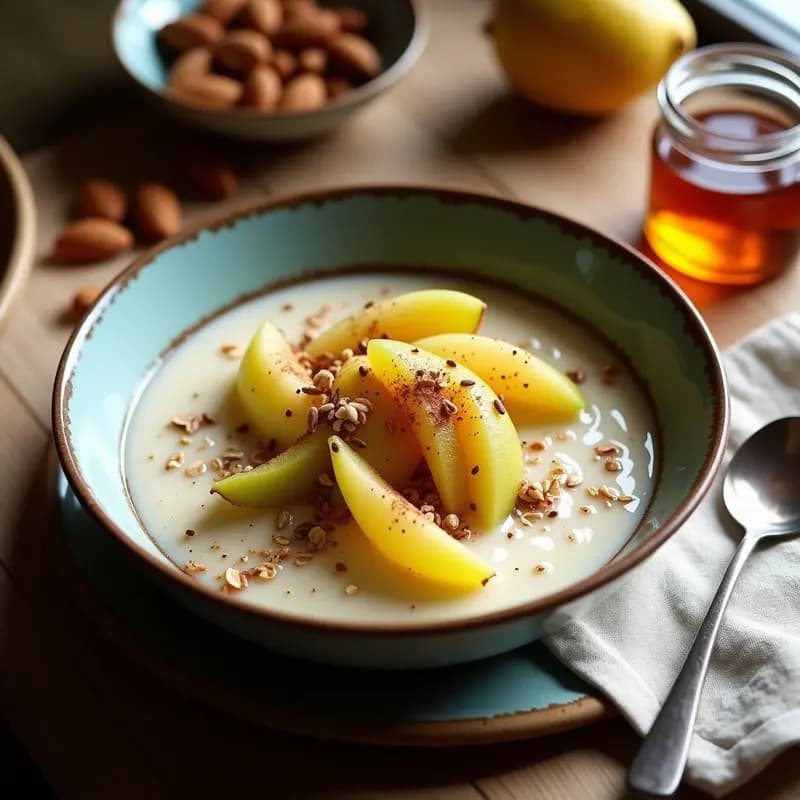 Bowl de desayuno mediterráneo con avena remojada cremosa, compota dorada de higo chumbo, nueces picadas y semillas de sésamo tostadas, servido en un plato hondo de barro con fondo de madera rústica.