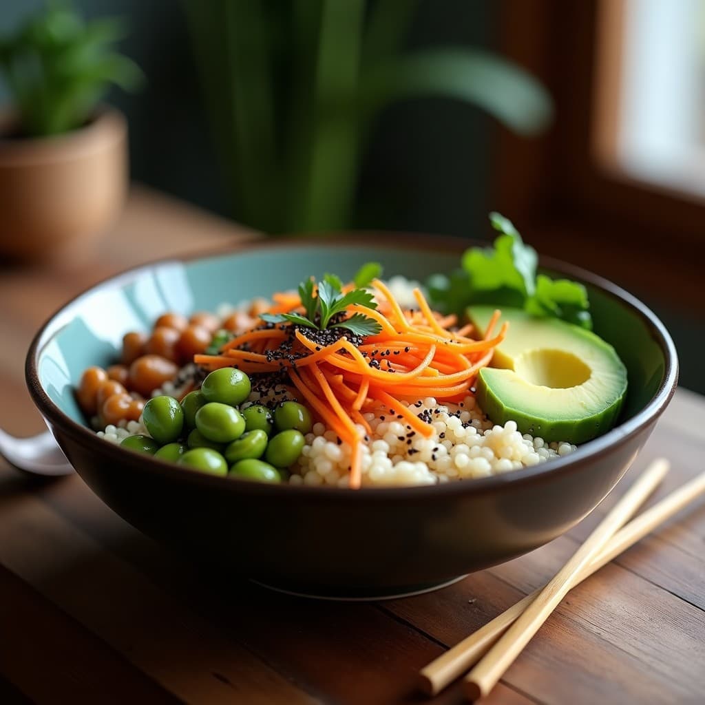 Bowl japonés colorido con quinoa blanca como base, edamame salteado, zanahoria en juliana, pepino en rodajas, cebolla morada en plumas y aguacate en cubos. Todo cubierto con una vinagreta brillante de sésamo negro y decorado con algas nori y semillas de cilantro. Plato saludable, alto en proteína y visualmente atractivo.