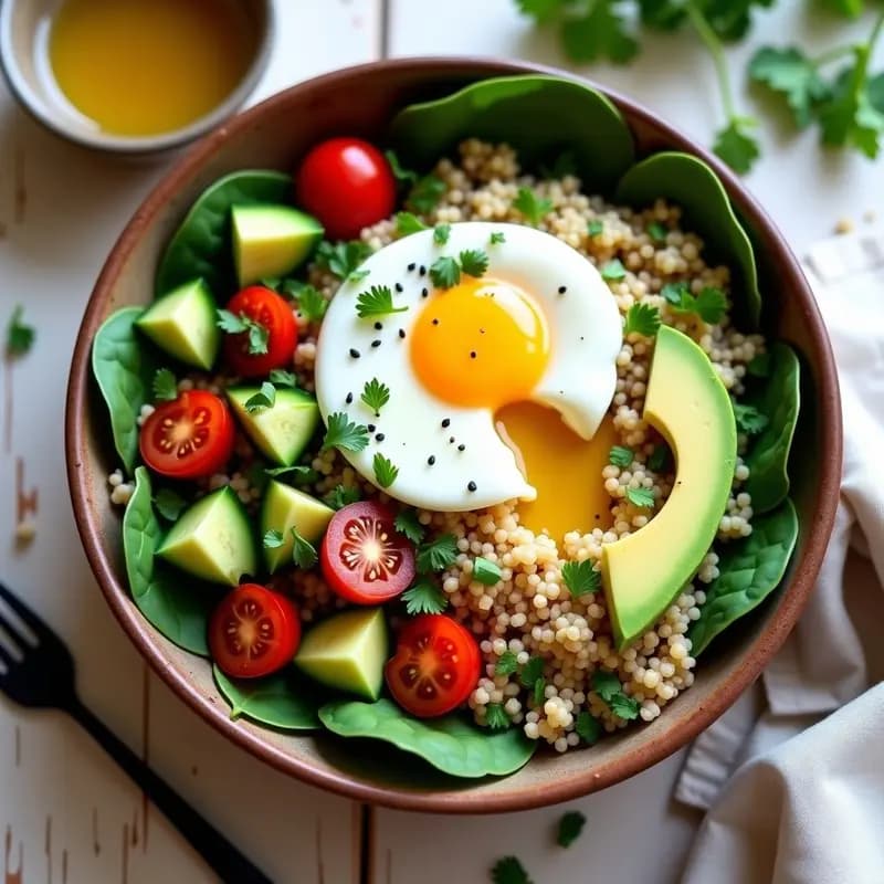 Bowl energético con base de quinoa, espinacas frescas, trozos de aguacate, tomates cherry, pepino, huevo pochado y semillas de chía, aliñado con aceite de oliva y cilantro fresco.