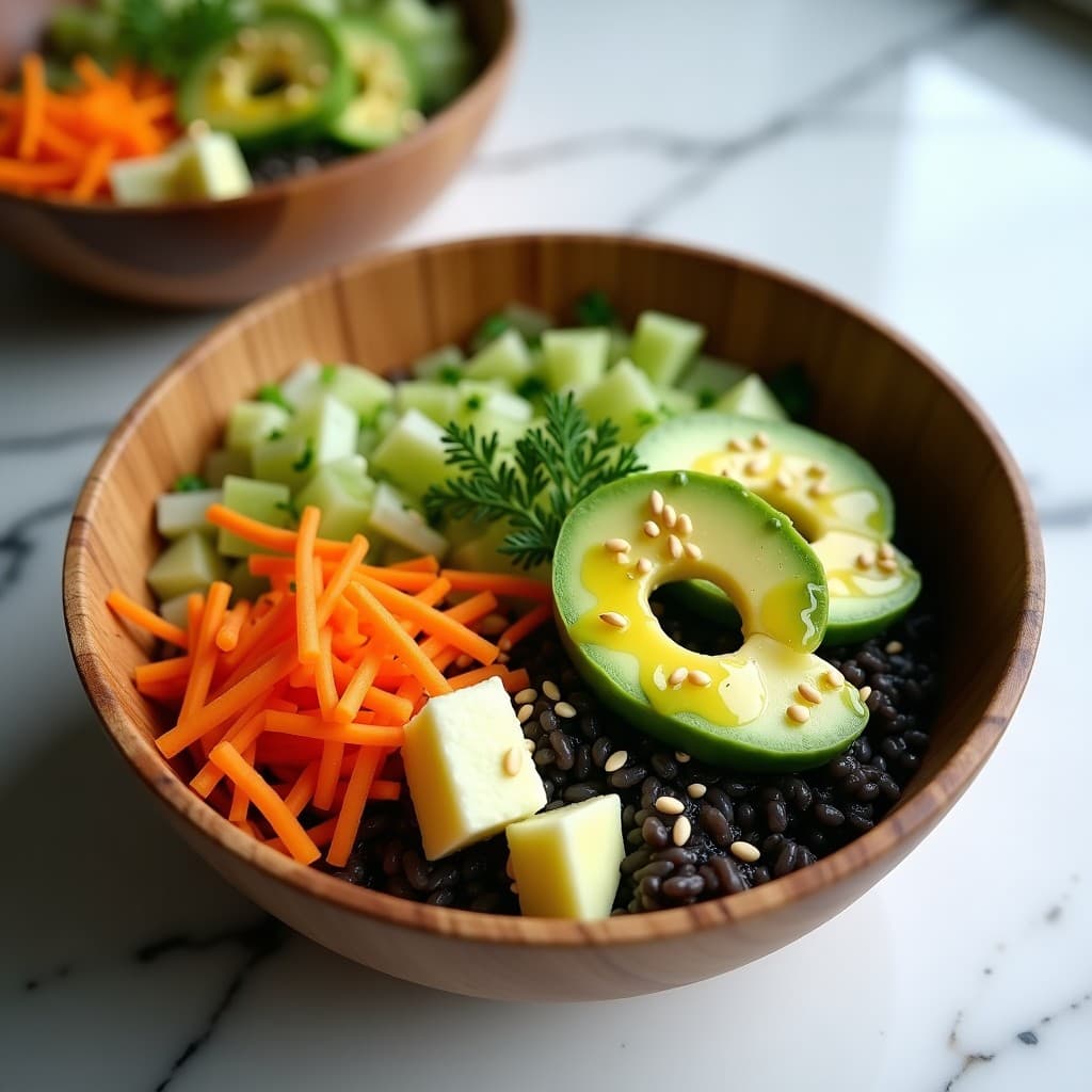 Bowl colorido con arroz salvaje oscuro, espirulina en polvo, pepino, zanahoria rallada, apio y aguacate en cubos, bañado con vinagreta de limón yuzu y decorado con semillas de sésamo tostadas. Receta detox rápida y saludable.