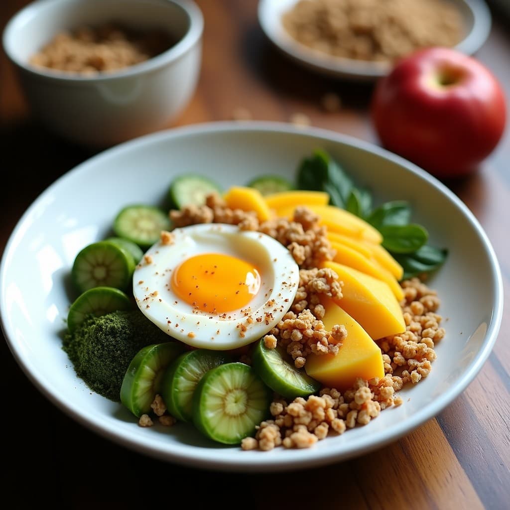 Bowl de espirulina y mango con granola de coco en un plato blanco, decorado con rodajas de mango fresco, semillas de chía y granola crujiente dorada. Desayuno superfoods sin gluten con colores vibrantes y texturas contrastantes.