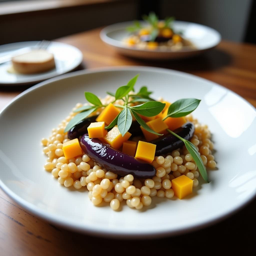 Bowl colorido con base de farro perlado, berenjenas asadas doradas, cebolla morada, pimiento rojo y almendras fileteadas, bañado en un aderezo cremoso de granadilla amarilla y decorado con menta fresca y semillas de sésamo. Receta mediterránea vegana.