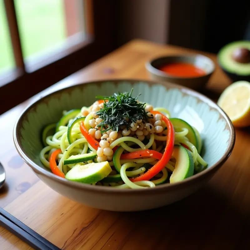Bowl de fideos de calabacín crudos con algas nori, aguacate, zanahoria rallada y pimiento rojo, bañado en vinagreta de umeboshi y decorado con semillas de sésamo. Plato crudivegano japonés colorido y fresco.
