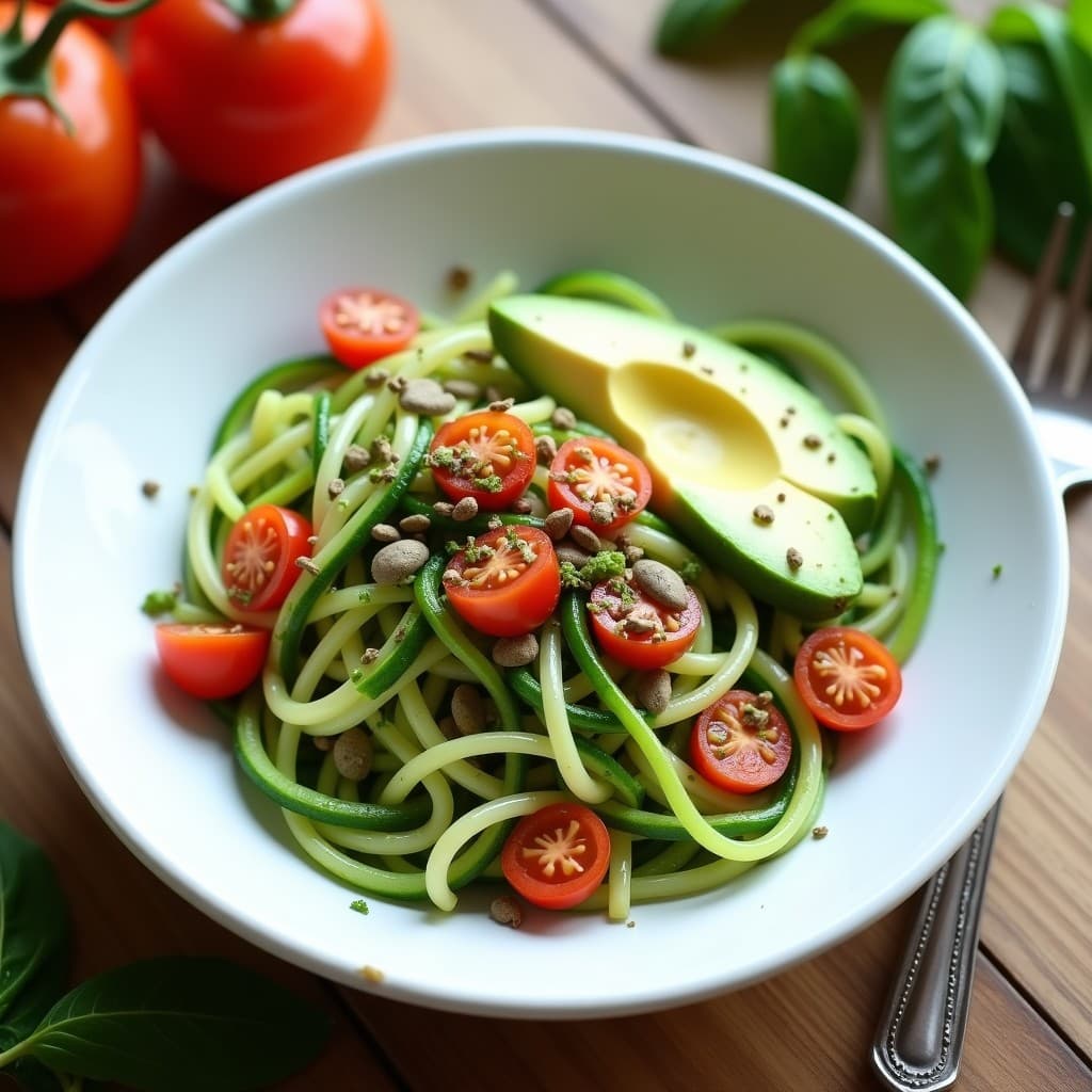 Bowl de cerámica blanca con fideos de calabacín crudos espiralizados, cubiertos de pesto cremoso de espinacas y semillas de calabaza tostadas. Acompañado de tomates cherry, aguacate en cubos y germinados de alfalfa. Receta raw vegana fresca y colorida.