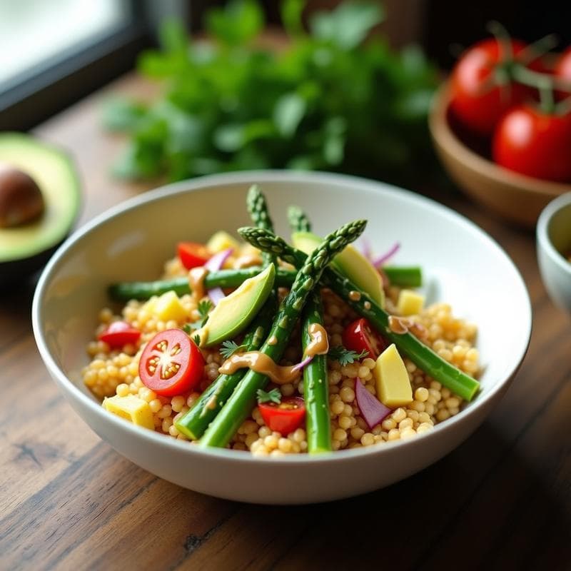 Bowl de fonio esponjoso con espárragos verdes salteados, aguacate en cubos, tomates cherry y cebolla morada, coronado con aderezo cremoso de tahini y limón confitado. Plato colorido y saludable en un bol de cerámica blanca sobre fondo rústico.