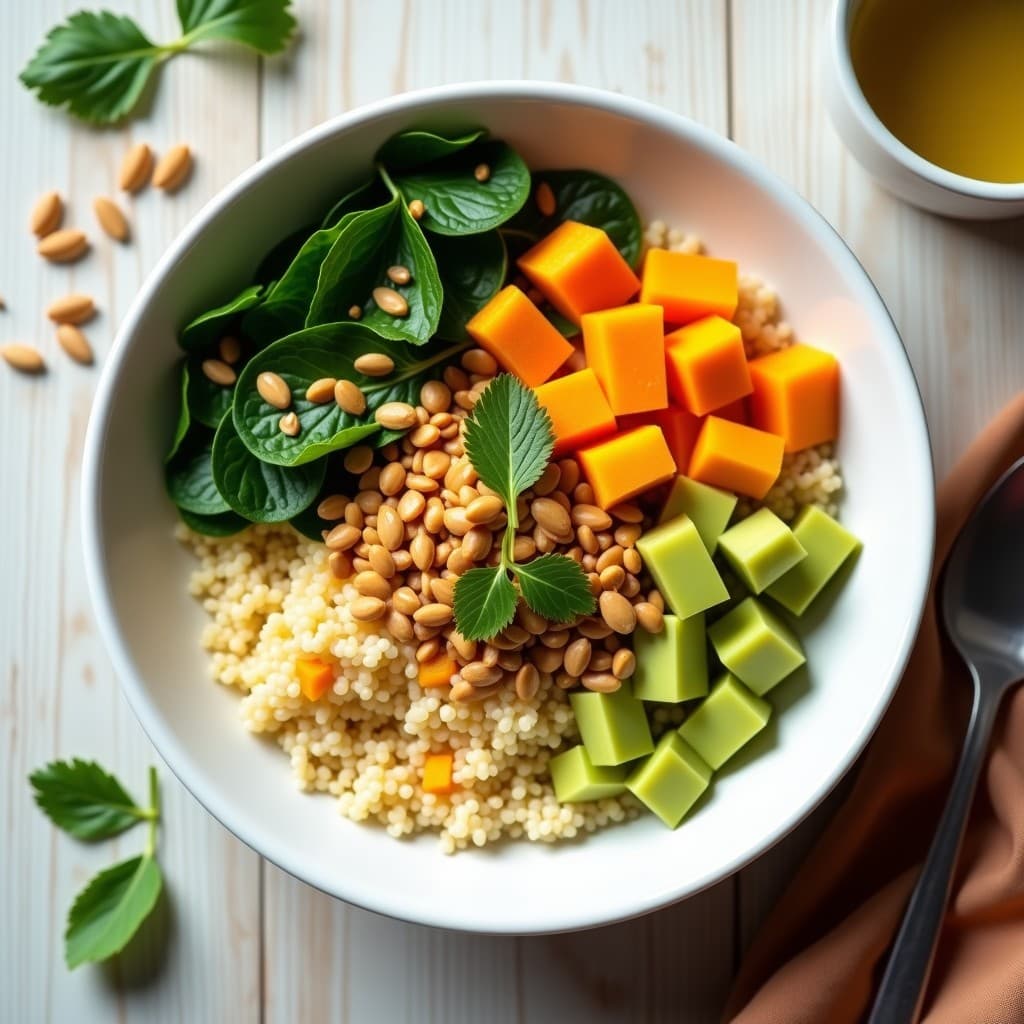 Bowl de fonio esponjoso en un plato hondo de cerámica blanca, con cubos de mango verde brillante, espinacas baby, zanahoria rallada naranja, semillas de calabaza doradas y salsa de cacahuete cremosa vertida encima. Decorado con cilantro fresco y un hilo de aceite de oliva, sobre un fondo de madera clara con textura rústica.