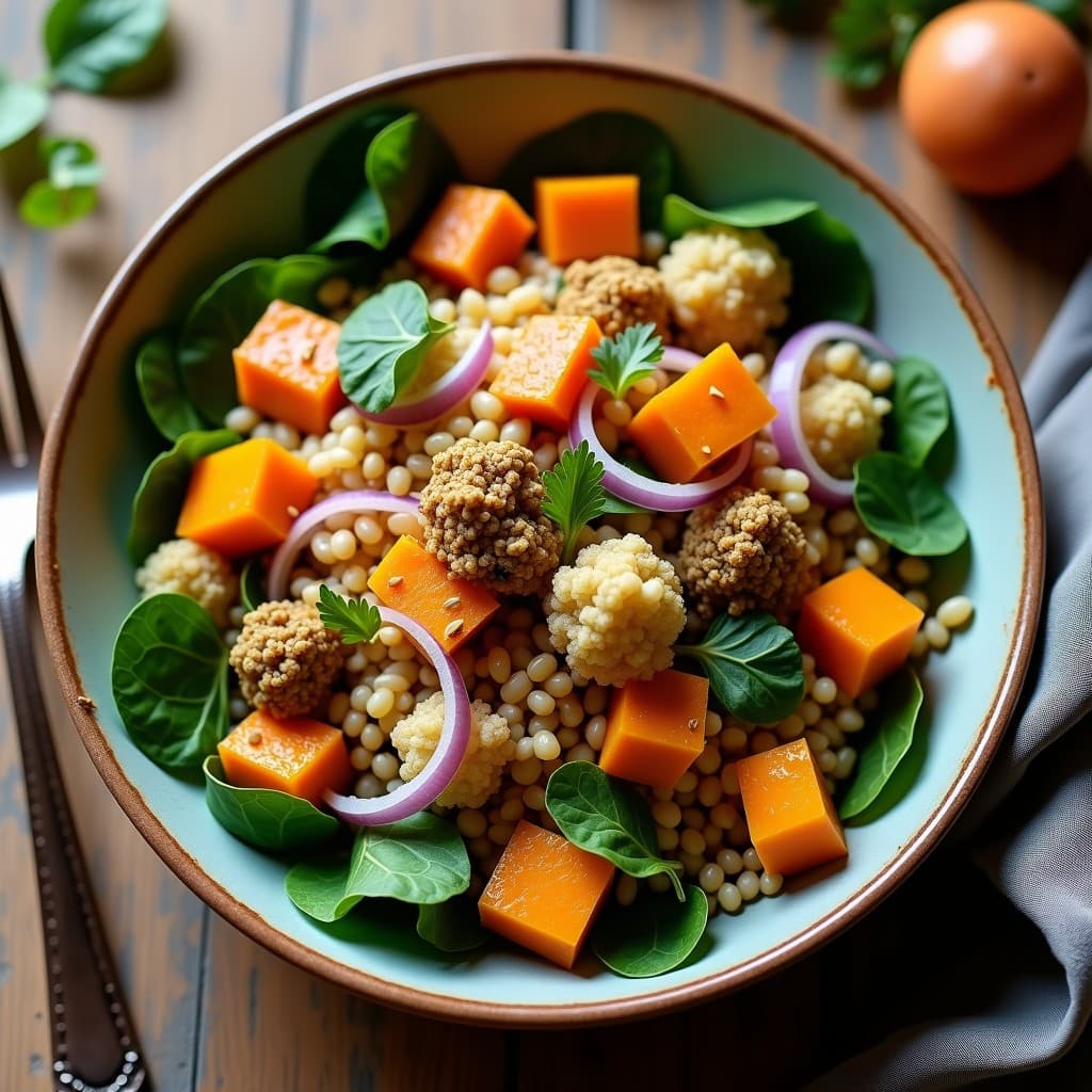 Bowl de fonio dorado con verduras asadas (calabaza y coliflor) sobre una base de espinacas frescas, bañado en salsa de cacahuete cremosa, decorado con semillas de sésamo y cilantro fresco. Plato africano vegano alto en hierro.