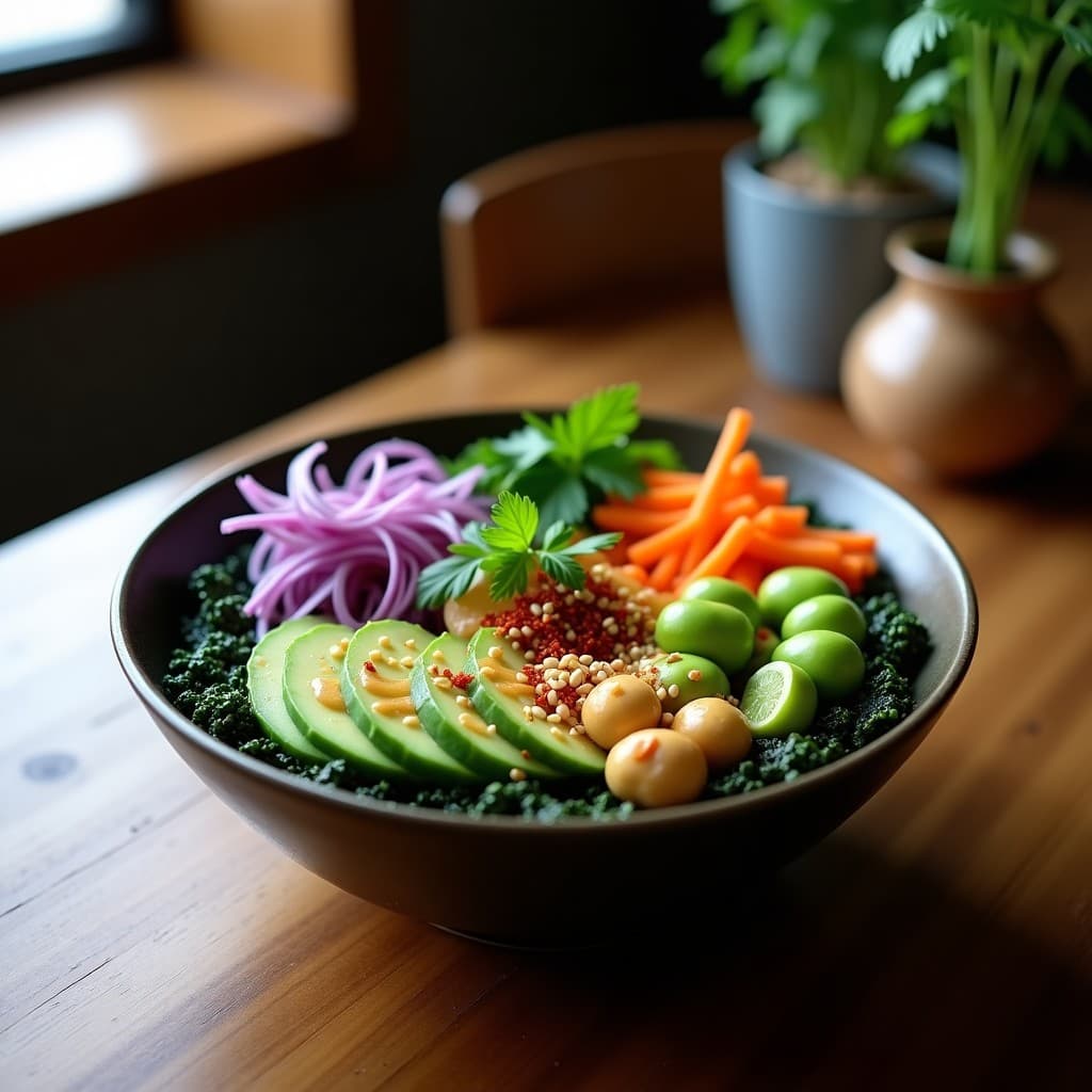 Bowl coreano colorido con base de fono verde oscuro, edamame verde brillante, zanahoria morada en juliana, pepino en medias lunas, aguacate en cubos y aderezo cremoso de miso y jengibre. Decorado con semillas de sésamo, cilantro fresco y copos de chile rojo. Plato saludable y vibrante.