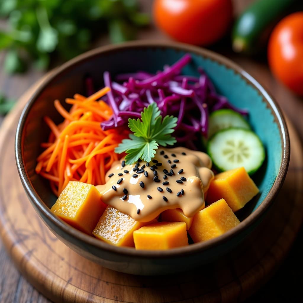 Bowl colorido con base de fono (batata africana) al vapor, cubierto de salsa cremosa de cacahuete, vegetales fermentados morados y verdes, semillas de sésamo negro y cilantro fresco. Receta africana vegana en Thermomix.