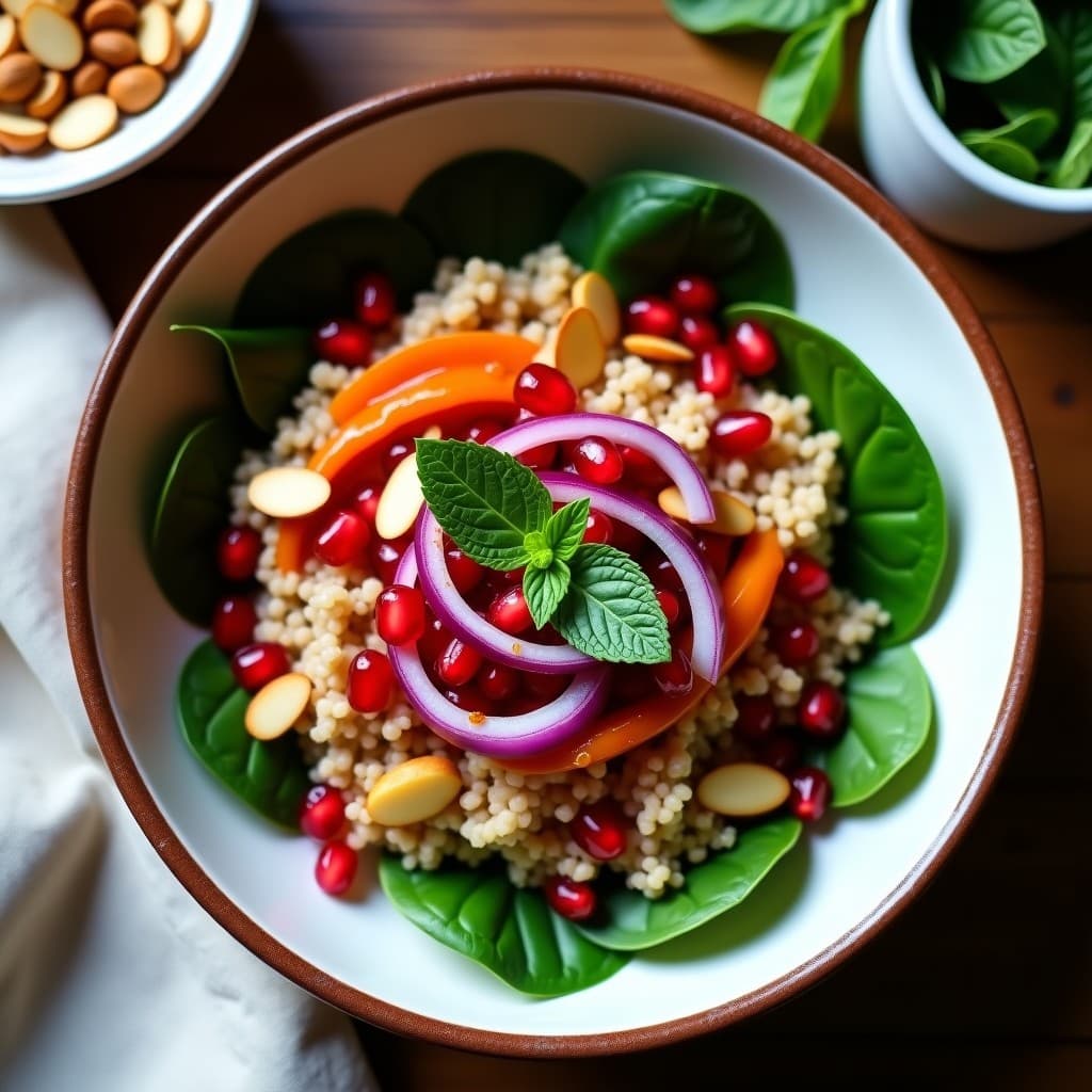 Bowl colorido con freekah dorada, granos de granado rojos vibrantes, espinacas verdes, cebolla morada y almendras tostadas, bañado en vinagreta de tamarindo. Plato libanés sin gluten lleno de texturas y sabores.