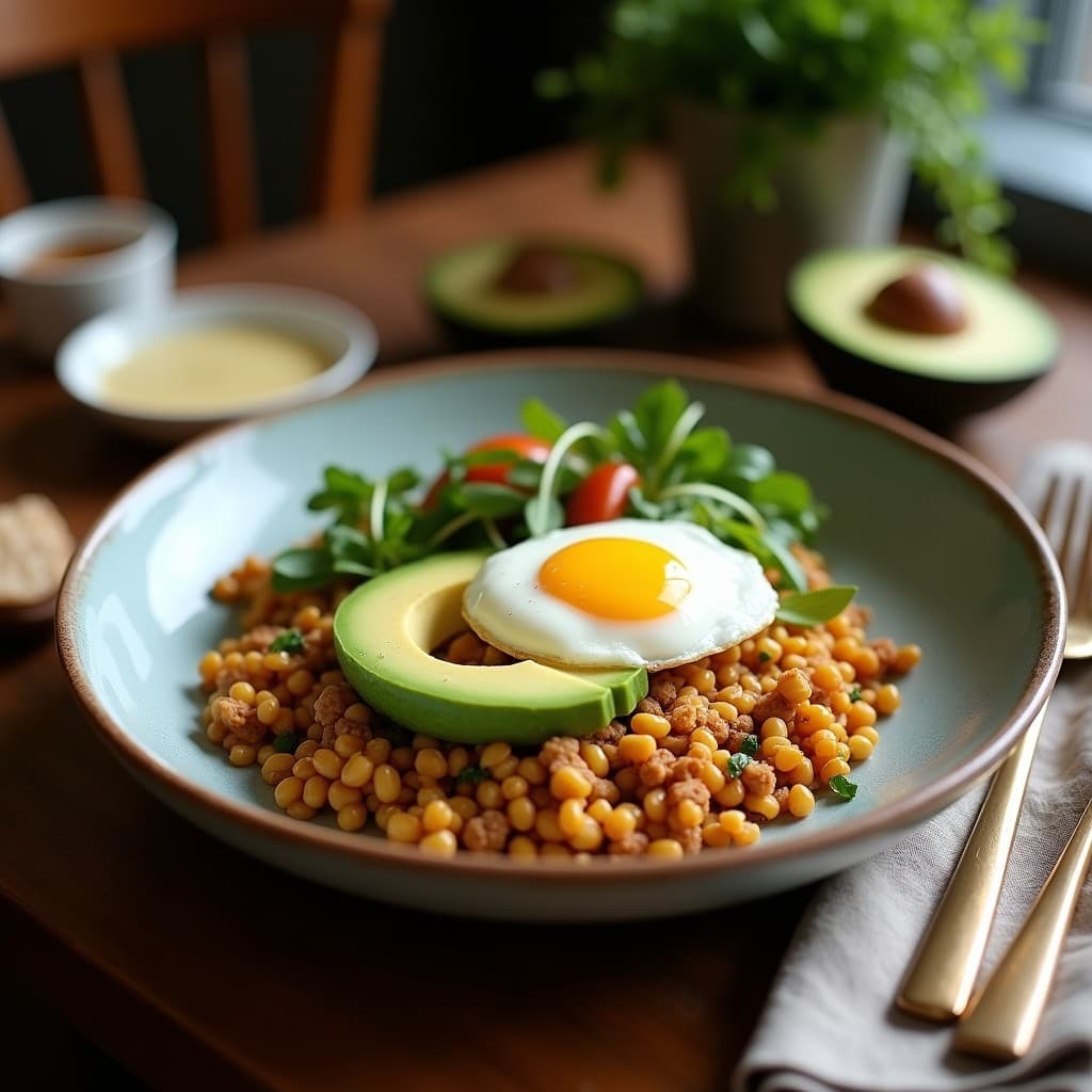 Bowl de freekeh dorado como base, coronado con rodajas de aguacate verde, huevo poché con yema líquida, tomates cherry rojos, pimiento asado y semillas de sésamo. Plato saludable y alto en proteína, típico del desayuno mediterráneo preparado en Thermomix.