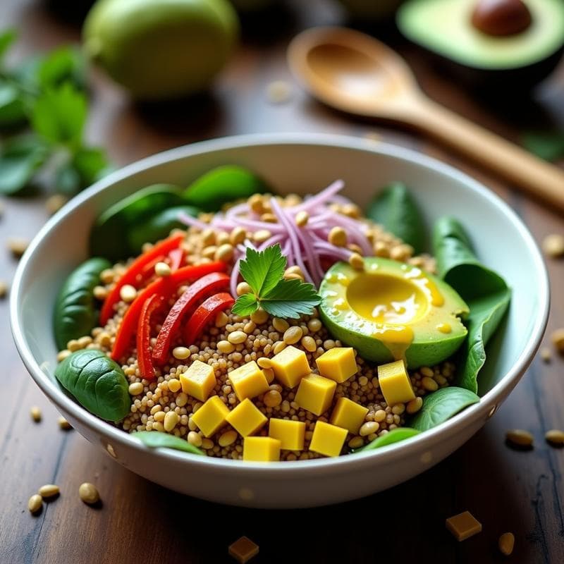 Bowl de freekeh con lulo y aguacate: plato hondo de cerámica blanca con base de espinacas baby, freekeh dorado, cubos de aguacate verde, tiras de pimiento rojo asado y cebolla morada, bañado en salsa de lulo amarilla y decorado con semillas de girasol y cilantro fresco. Receta colombiana vegana y alta en fibra.