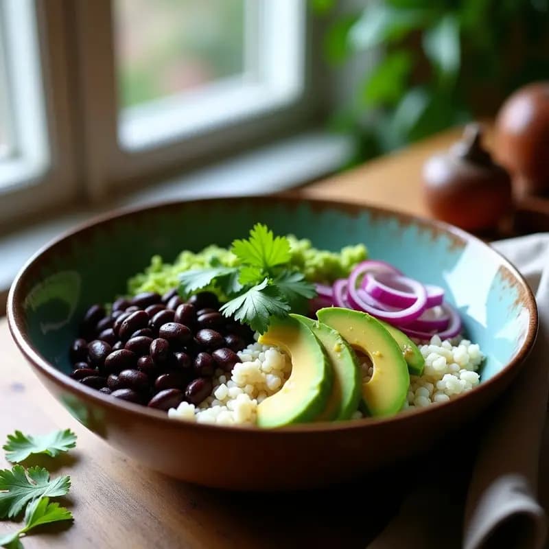 Bowl colorido con base de arroz de coliflor blanco, frijoles negros, cubos de aguacate verde, cebolla morada y cilantro fresco, bañado con vinagreta de lima. Plato cubano keto saludable y apetitoso.