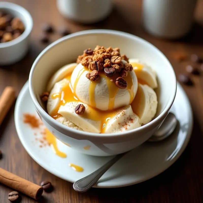 Bowl hondo blanco con helado cremoso de yogur griego y plátano, cubierto de granola dorada de café y avena, decorado con hilo de miel y canela. Plato fit y fotogénico con texturas contrastadas.