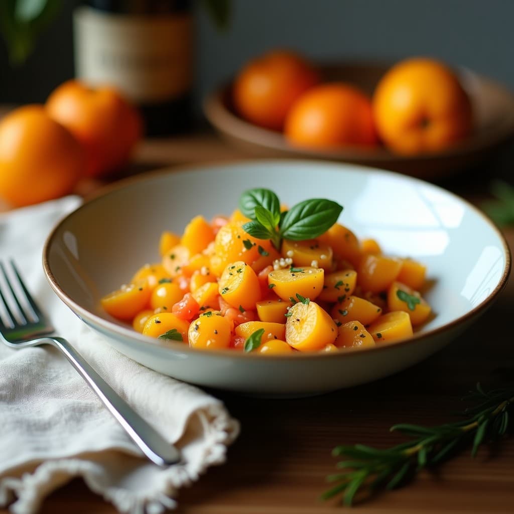Bowl de ensalada española antiinflamatoria con hinojo en juliana, gajos de naranjas sangre, almendras fileteadas y vinagreta de azafrán, servido en plato blanco rústico sobre fondo de madera.