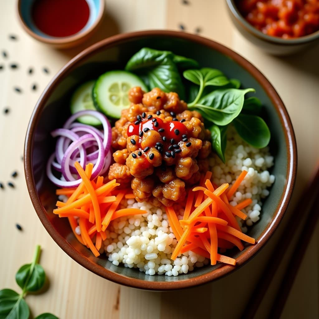 Bowl colorido con base de arroz de coliflor blanco, jackfruit desmenuzado dorado salteado con kimchi rojo, zanahoria naranja juliana, pepino verde en rodajas, cebolla morada y espinacas frescas. Espolvoreado con semillas de sésamo negro y bañado en aderezo brillante de sésamo y gochujang. Receta coreana vegana.