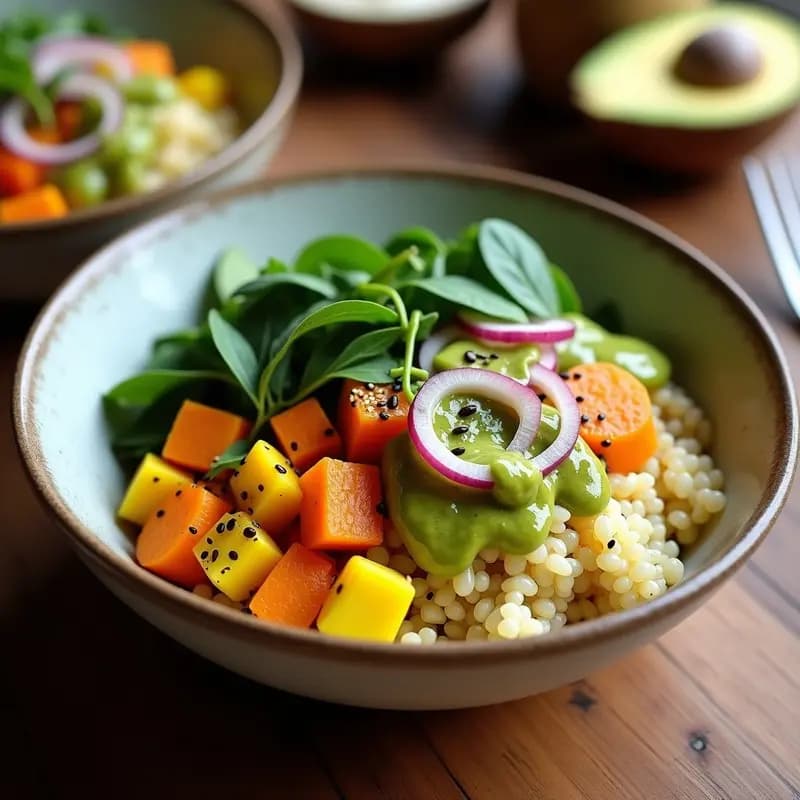 Bowl colorido de kinua blanca con vegetales andinos salteados (zanahoria, pimiento rojo y maíz dulce), aguacate en cubos, semillas de sésamo tostadas y aderezo verde de huacatay, servido en un plato hondo rústico.