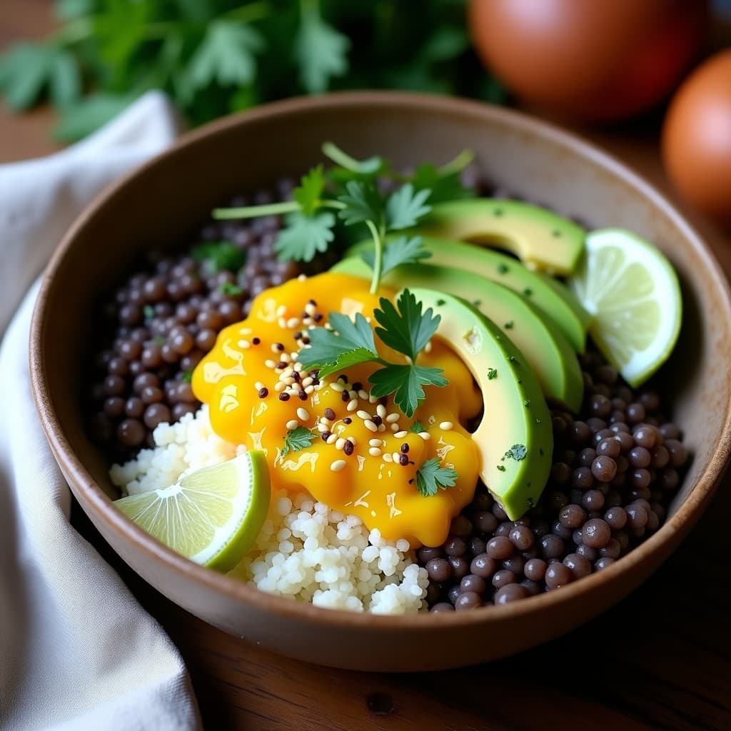 Bowl colorido con lentejas beluga oscuras, pulpa amarilla de granadilla, aguacate en cubos, lechuga morada y semillas de sésamo, decorado con cilantro fresco. Receta peruana alta en hierro y vegana.