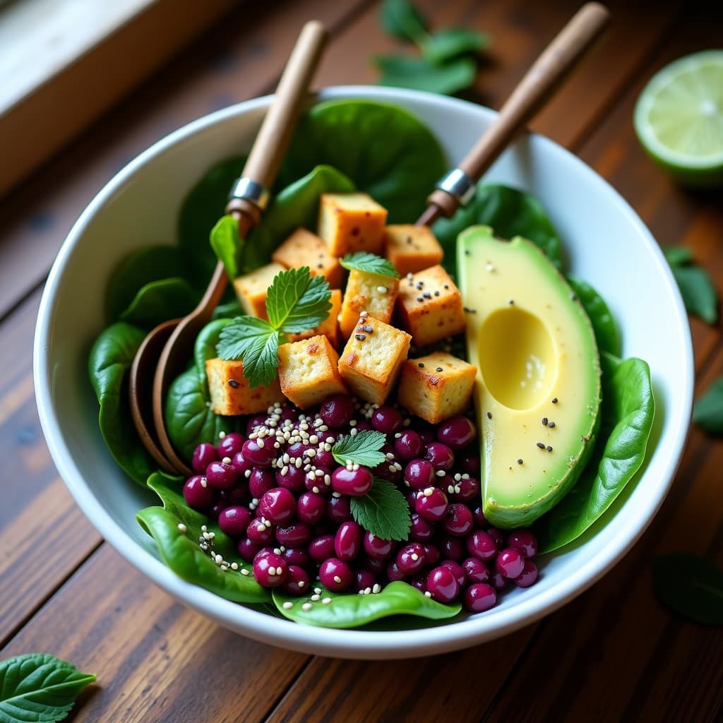 Bowl colorido con base de espinacas baby, maíz morado vibrante, cubos de aguacate cremoso, tofu ahumado dorado y semillas de chía y sésamo. Bañado en vinagreta de lima y cilantro, decorado con hojas de menta fresca. Receta keto peruana llena de antioxidantes.