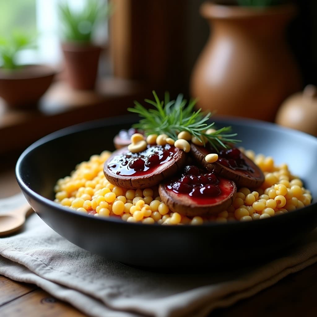 Bowl de cerámica negra con base de mijo dorado, champiñones portobello asados en láminas, salsa de arándanos brillante y nueces picadas. Plato sin gluten con toques rusos tradicionales.