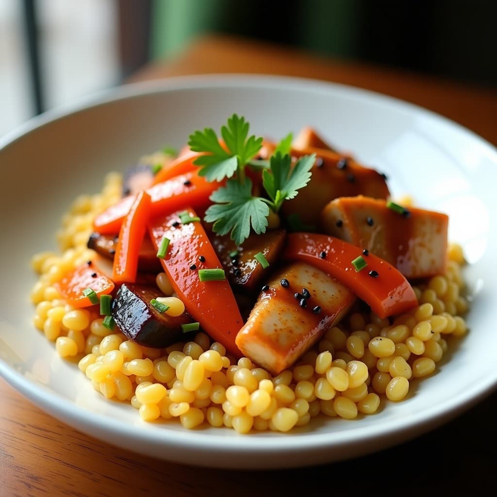 Bowl colorido con base de mijo inflado crujiente, pollo teriyaki dorado en tiras, vegetales en escabeche brillantes (berenjena, zanahoria y pimiento), decorado con semillas de sésamo negro y cilantro fresco. Receta fusion rápida y saludable.