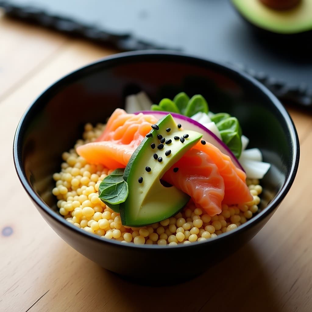 Bowl japonés de mijo inflado dorado y crujiente, cubierto con láminas de salmón ahumado rosado, vegetales frescos en juliana (pepino, zanahoria morada, rábanos daikon), aguacate en cubos y hojas de shiso verde. Aderezo cremoso de wasabi en zigzag y semillas de sésamo negro espolvoreadas. Receta alta en omega-3.