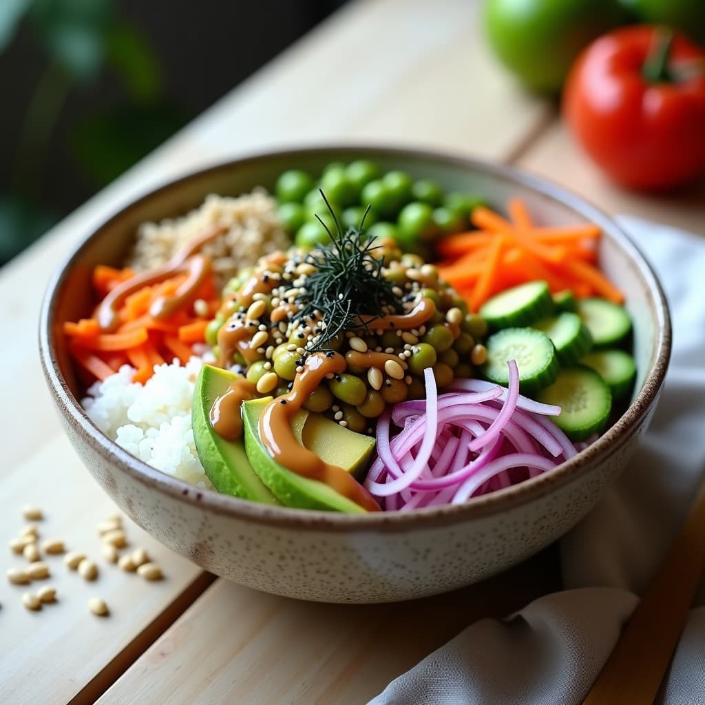 Bowl de poke vegano con arroz blanco en la base, edamame marinado, aguacate en cubos, zanahoria morada en juliana, pepino y cebolla morada. Decorado con semillas de sésamo negro y blanco, algas nori desmenuzadas y un hilo de salsa de sésamo. Plato colorido y fresco, ideal para comida saludable.
