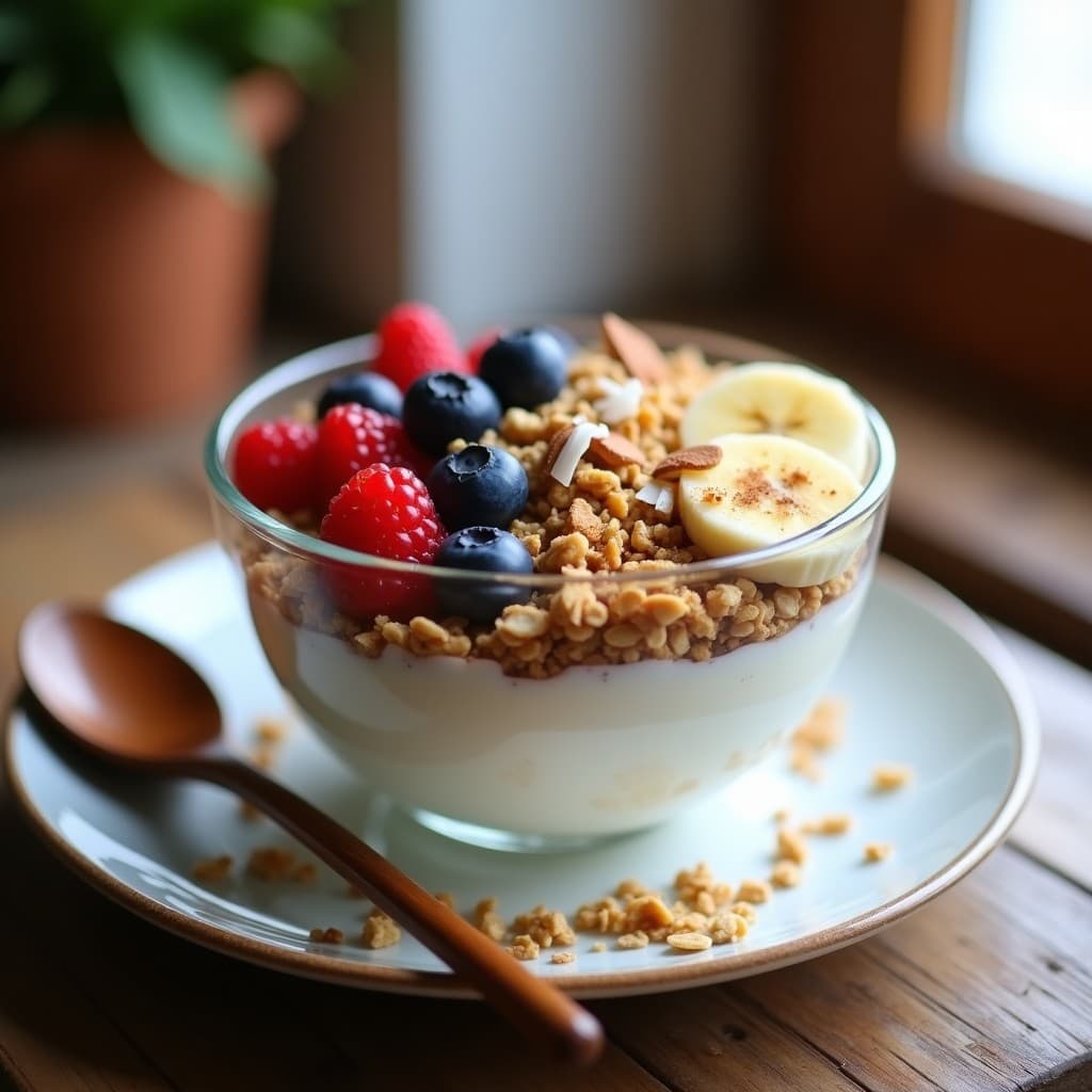 Bowl de vidrio transparente con capas de yogur griego cremoso, granola dorada crujiente, semillas de chía, frutos rojos frescos y rodajas de plátano, servido sobre una mesa de madera rústica con cuchara de madera.