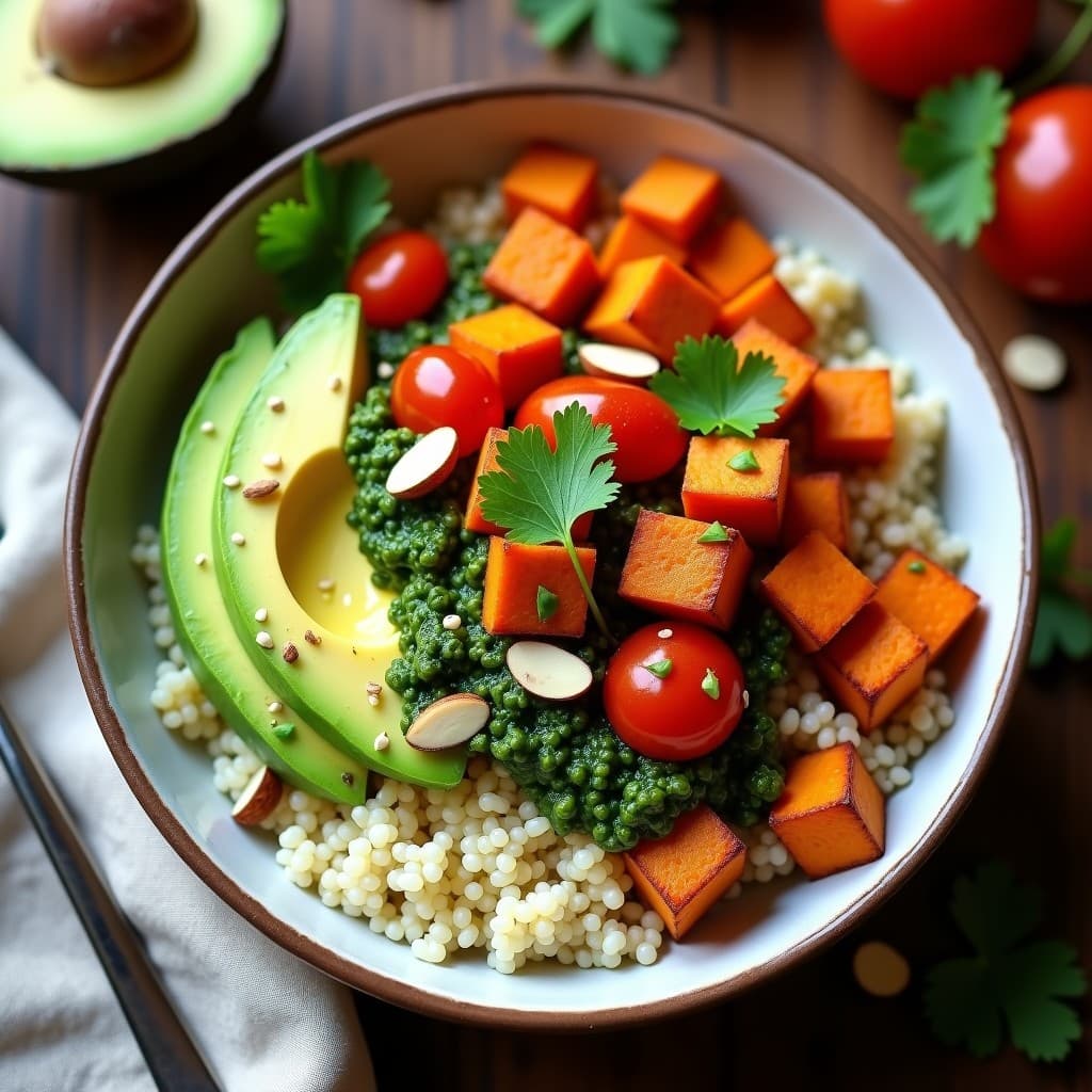 Bowl de quinoa blanca con cubos dorados de batata asada, aguacate en trozos, tomates cherry y pesto de espinacas verde brillante. Decorado con semillas de sésamo y hojas de cilantro fresco sobre un fondo rústico de madera.