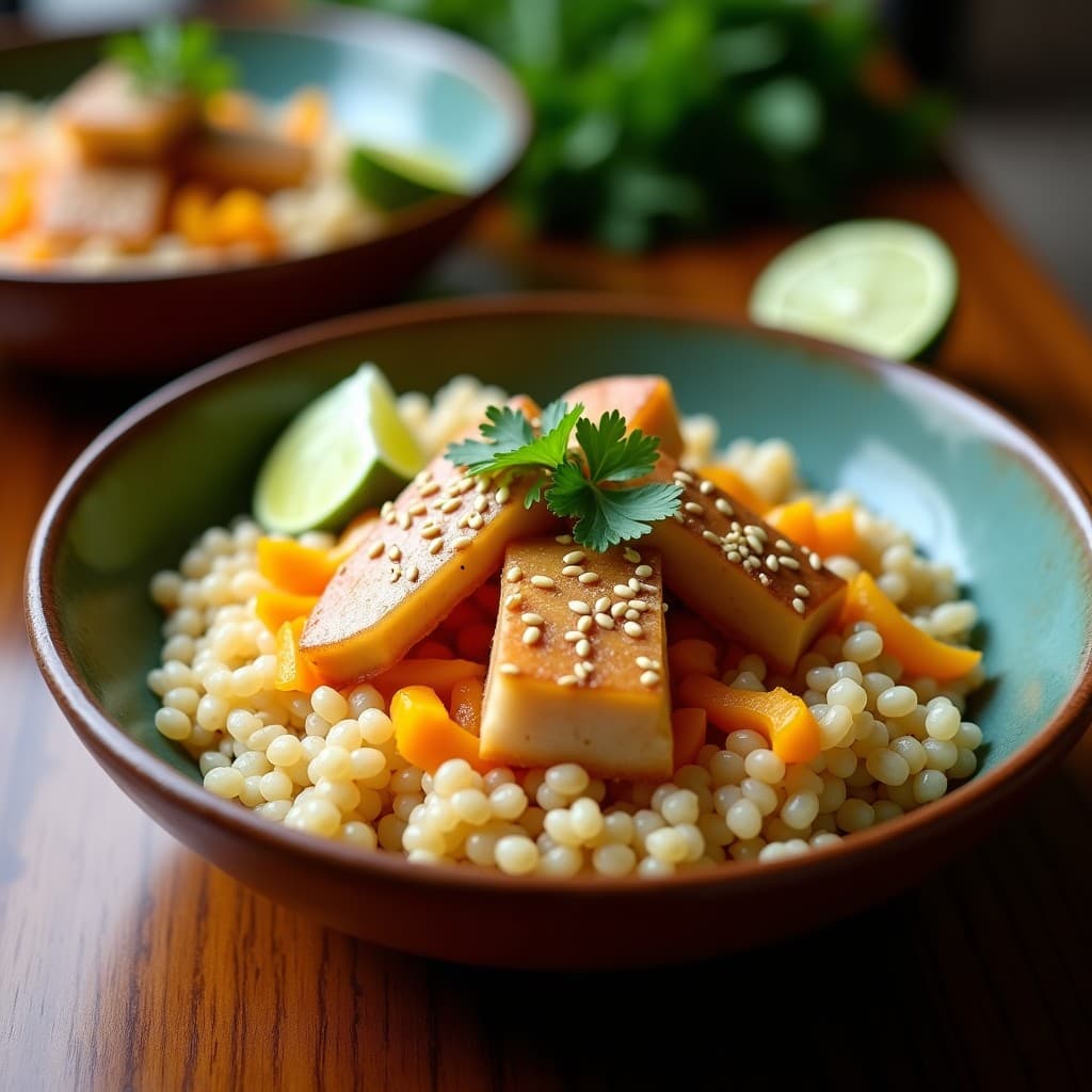 Bowl colorido con base de quinoa chiclayana amarilla, filetes dorados de pez sierra, verduras frescas en juliana y vinagreta de camu camu, decorado con semillas de sésamo y culantro, sobre hojas de lechuga morada.