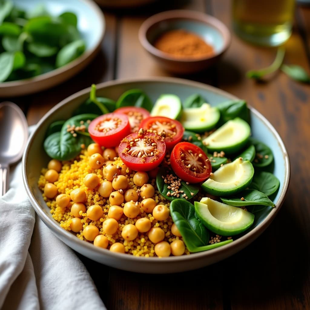 Bowl colorido con quinoa amarilla aromatizada con cúrcuma, garbanzos dorados espolvoreados con zaatar, espinacas verdes, tomates cherry rojos, pepino fresco y aguacate en trozos, decorado con semillas de sésamo y un hilo de aceite de oliva.