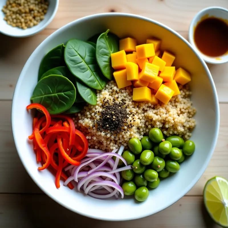 Bowl de quinoa blanca con edamame verde, cubos de mango amarillo, pimiento rojo asado, cebolla morada y espinacas, bañado en aderezo de sésamo y lima. Decorado con semillas de sésamo tostado y algas nori desmenuzadas sobre fondo claro.