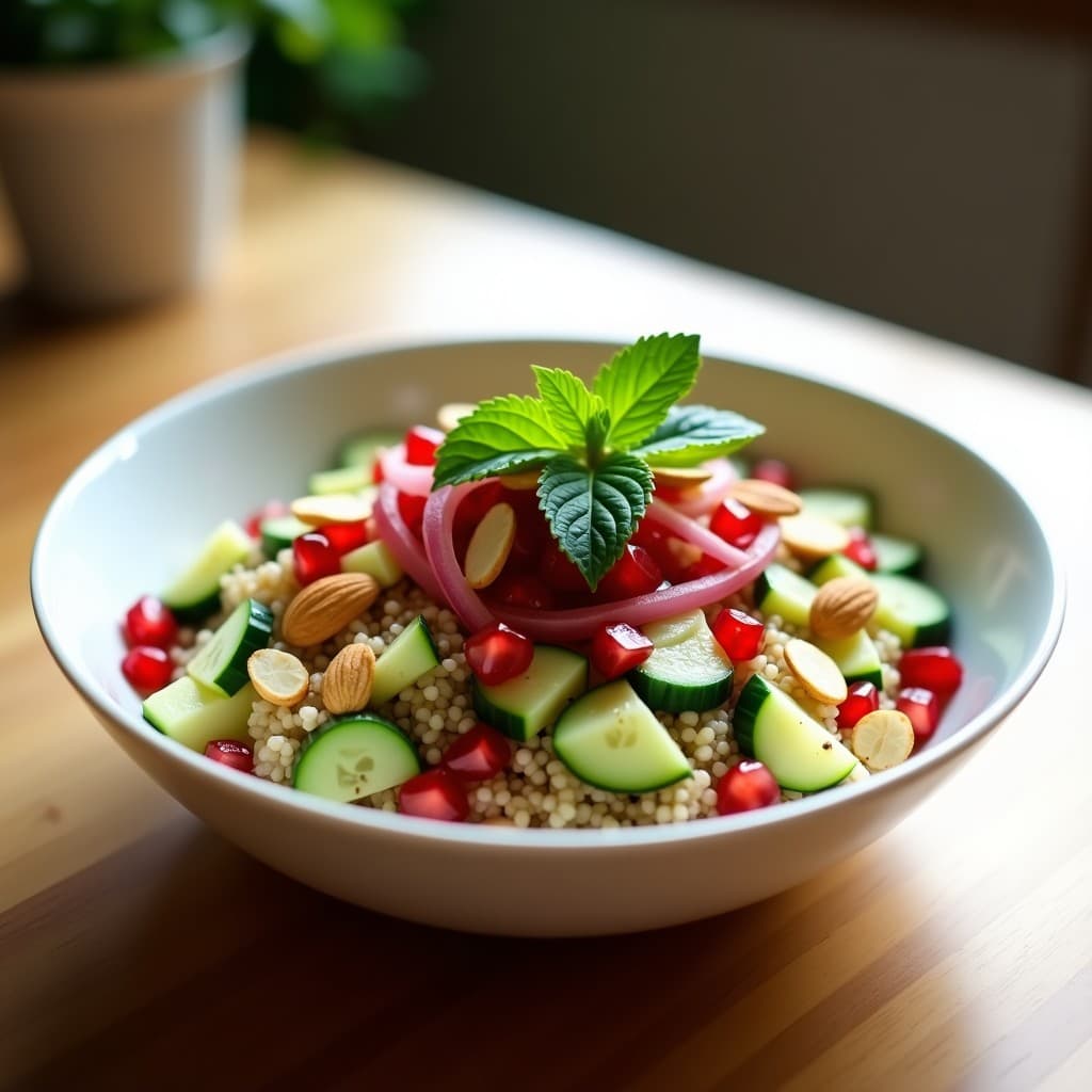 Bowl de quinoa blanca esponjosa con semillas de granada rojas, cubos de pepino persa verde, cebolla morada en juliana y almendras fileteadas. Decorado con hojas de menta fresca y bañado en aderezo dorado de limón y aceite de oliva. Plato colorido y fresco sobre fondo de madera clara.