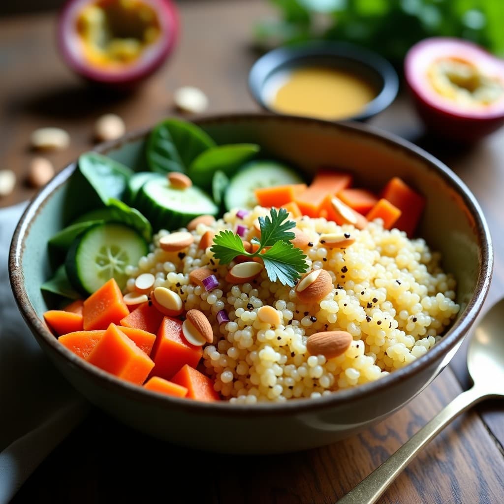 Bowl colorido con quinoa esponjosa, pulpa de granadilla dorada, espinacas frescas, zanahoria rallada, pepino en cubos y almendras fileteadas, bañado en un aderezo brillante de limón y miel, decorado con cilantro picado. Receta peruana saludable llena de texturas y colores vibrantes.