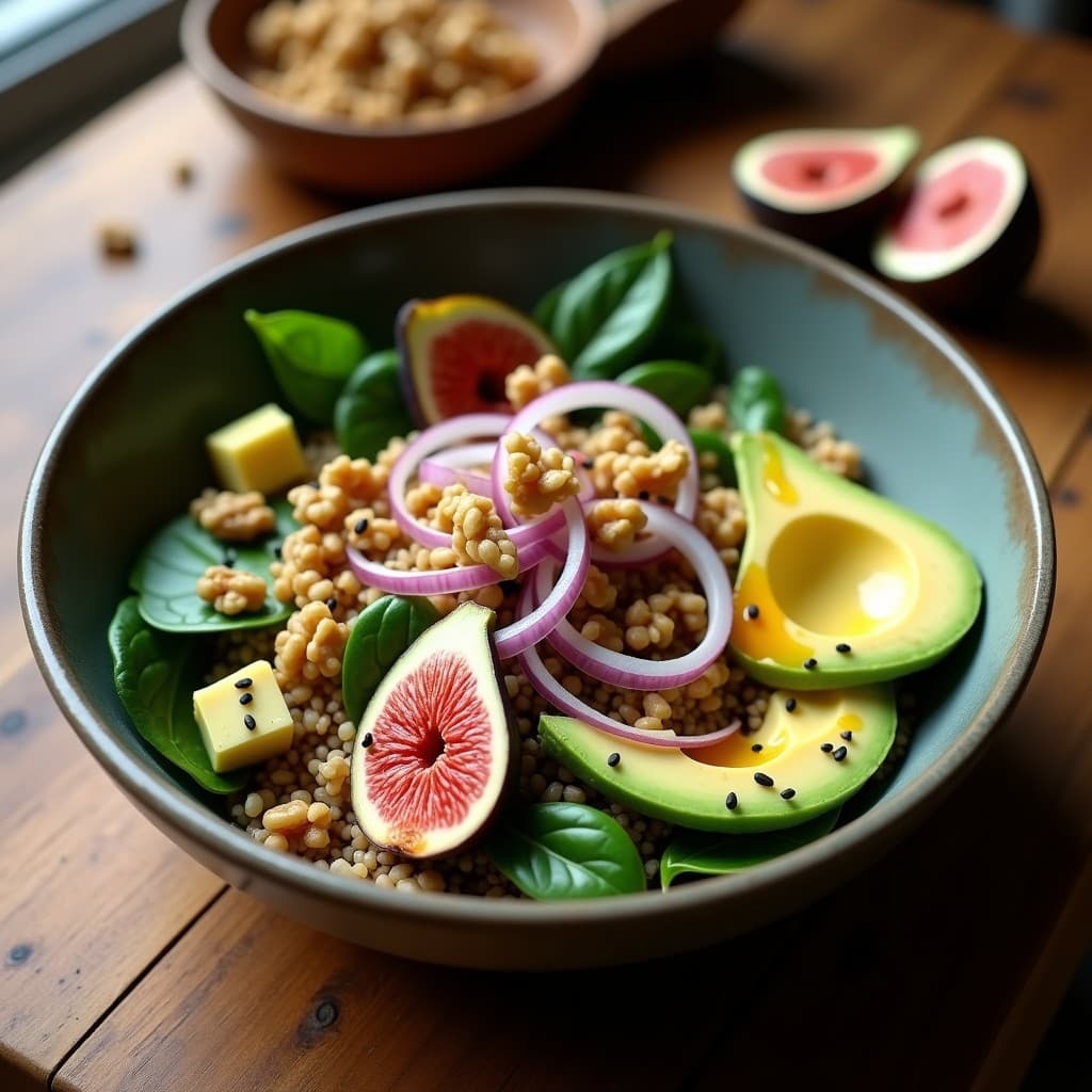 Bowl colorido de quinoa blanca con gajos de higo fresco, trozos de aguacate cremoso, cebolla morada en juliana, espinacas baby, nueces tostadas picadas y semillas de sésamo negro. Aliño dorado con especias visible en el fondo, servido en un plato hondo de cerámica rústica sobre una mesa de madera.