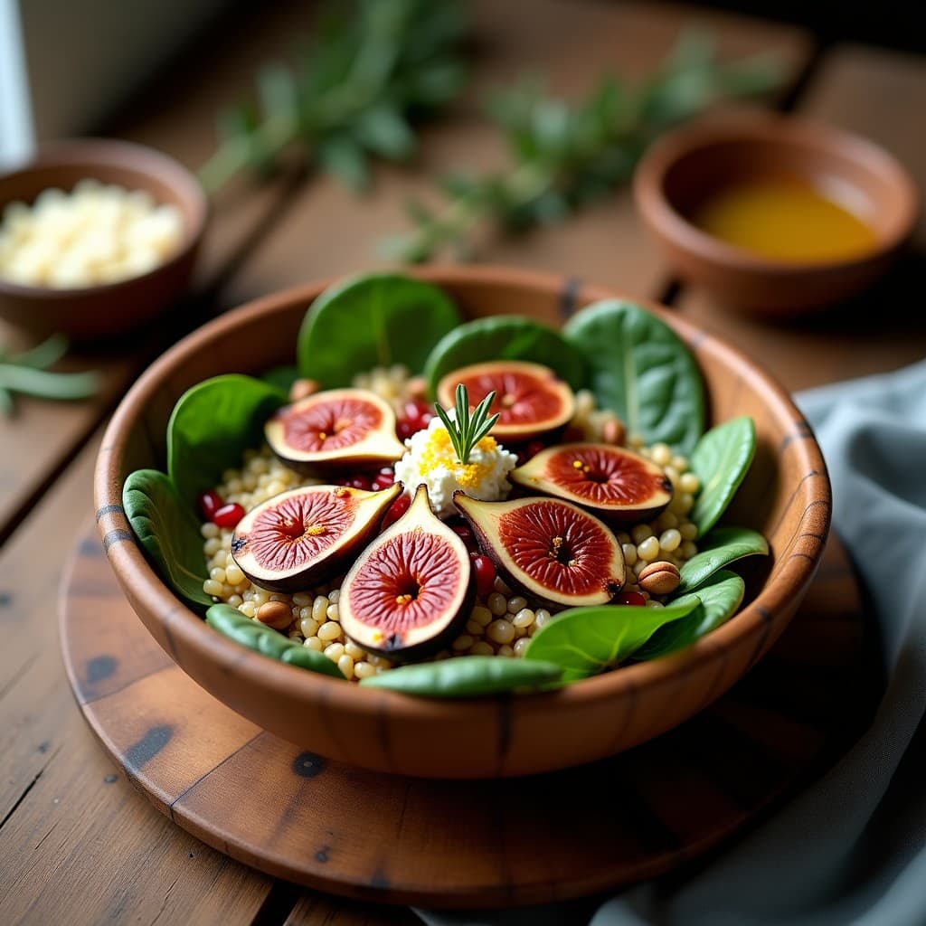 Bowl de quinoa dorada con higos asados caramelizados, queso de cabra desmenuzado, espinacas frescas, nueces pecanas y semillas de granada, decorado con vinagre balsámico y ralladura de limón sobre fondo rústico de madera.