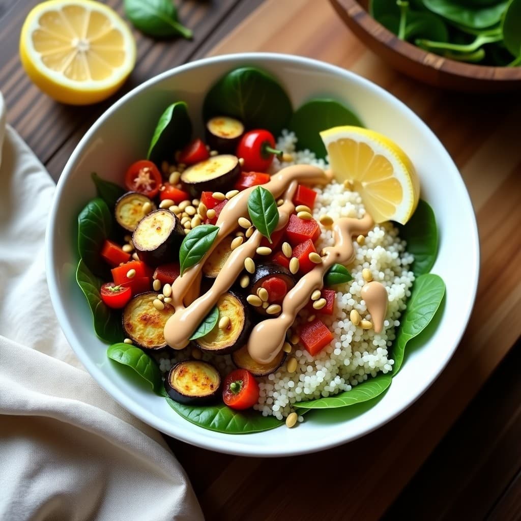 Bowl de Quinoa con Hortalizas Asadas y Aderezo de Tahini: Receta Vegana y Completa