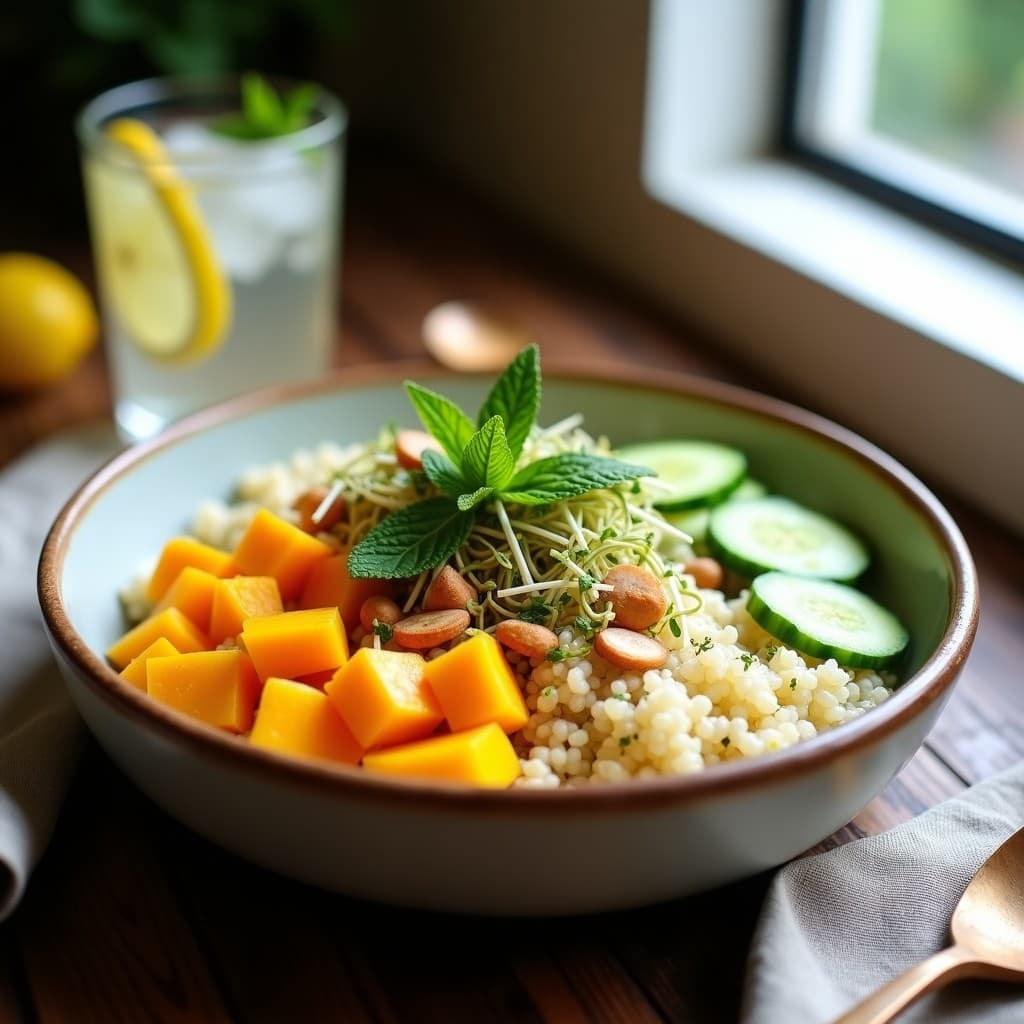 Bowl de quinoa blanca con cubos de mango dorado, tiras de pimiento rojo, pepino y cebolla morada, decorado con almendras fileteadas y hojas de hierbabuena fresca. Aderezo de limón y menta brillante vertido encima, servido en un bol de cerámica blanca sobre una mesa de madera rústica.