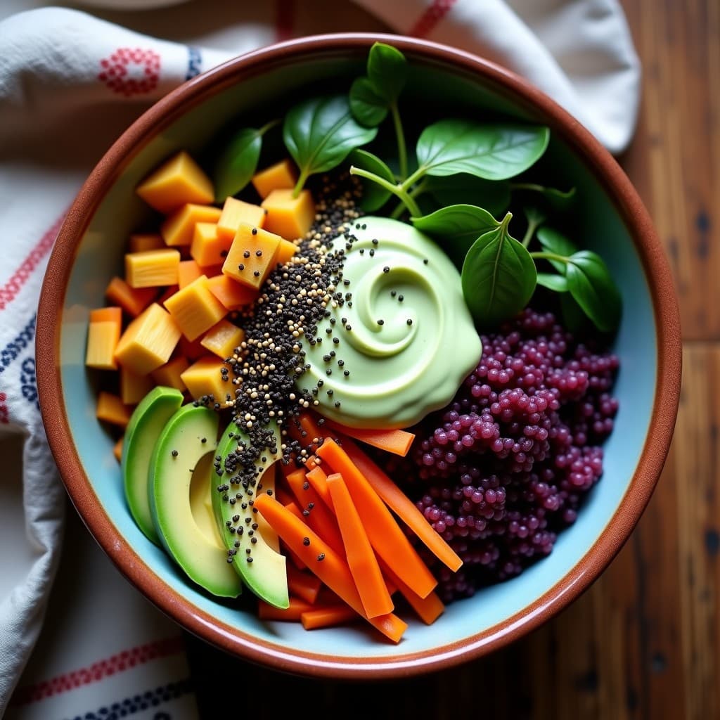 Bowl colorido con quinoa morada como base, espinacas salteadas, zanahoria morada en juliana, pimiento amarillo, aguacate en cubos y algas nori en tiras. Crema de proteína de guisante en zigzag, semillas de sésamo negro y aceite de oliva. Receta peruana alta en proteína.