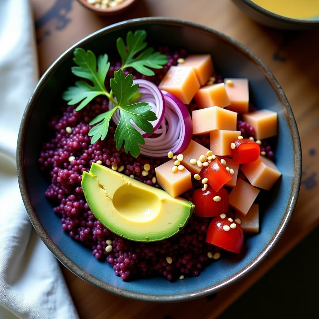 Bowl colorido con base de quinoa morada, ceviche de palmito marinado en tigre de leche cremoso, aguacate en cubos, cacahuetes tostados y semillas de sésamo negro. Decorado con cilantro fresco y pimiento rojo asado.