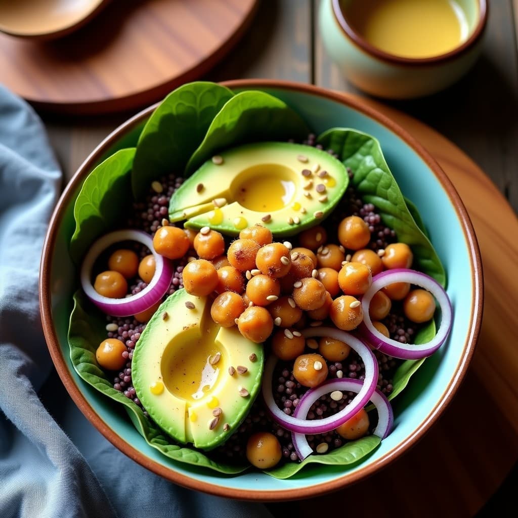 Bowl keto de quinoa morada con garbanzos crujientes dorados, aguacate en cubos, cebolla morada y semillas de sésamo, bañado en vinagreta brillante de tamarindo y jengibre sobre base de espinacas baby.