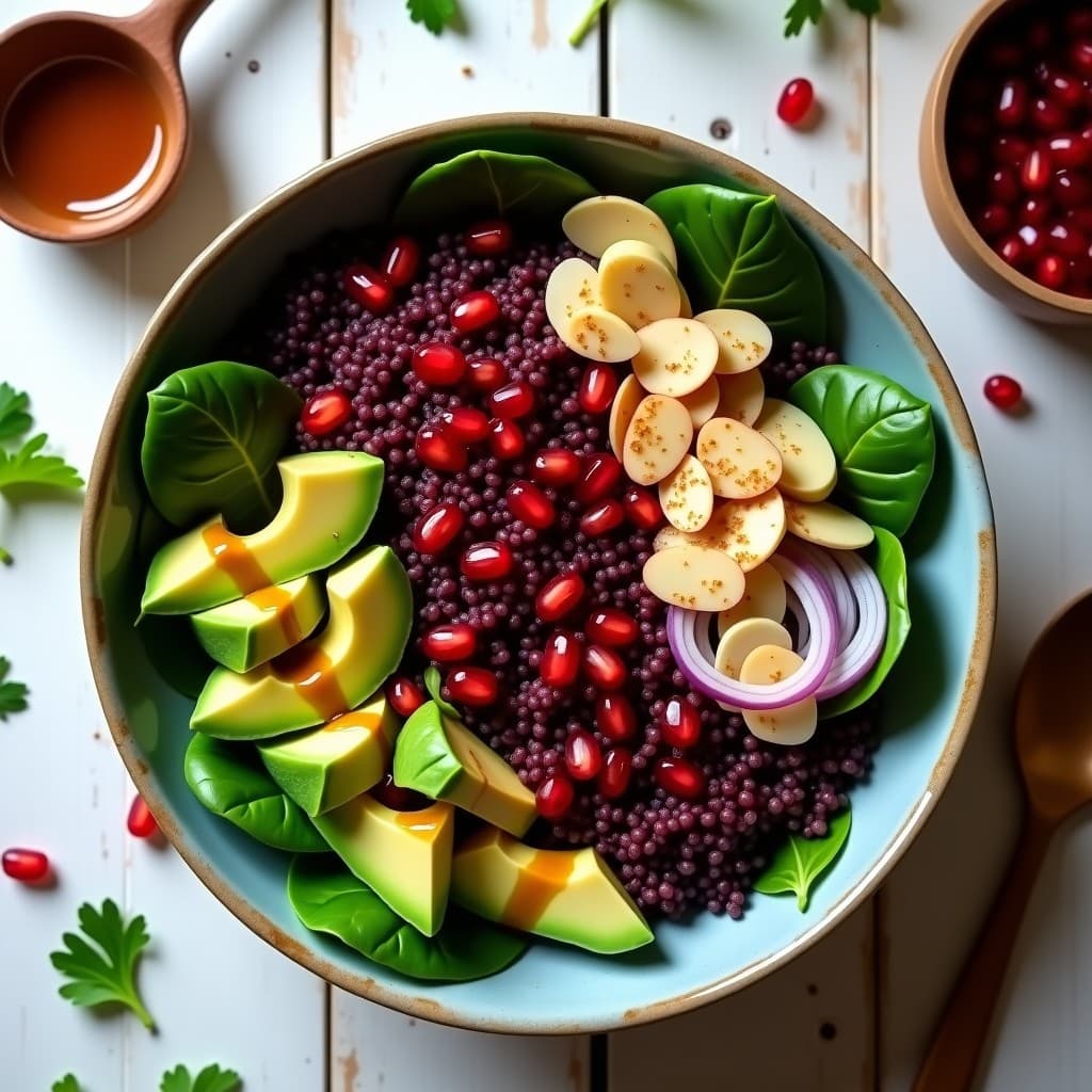 Bowl vibrante con quinoa morada, semillas de granada rojas, aguacate cremoso, pimiento rojo asado y espinacas frescas. Todo coronado con almendras fileteadas y sésamo negro, bañado en un aderezo dorado de vinagre de dátiles. Receta antiinflamatoria y vegana.