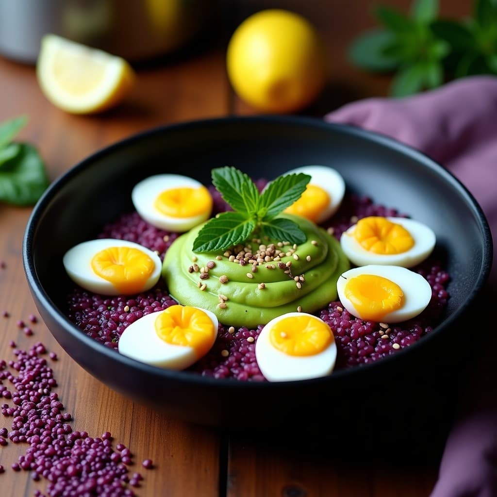 Bowl hondo de cerámica negra con base de quinoa morada, puré de guisantes cremoso de color verde vibrante, huevos de codorniz cortados por la mitad mostrando yema líquida, decorado con semillas de sésamo y hojas de menta fresca, plato típico peruano alto en hierro.