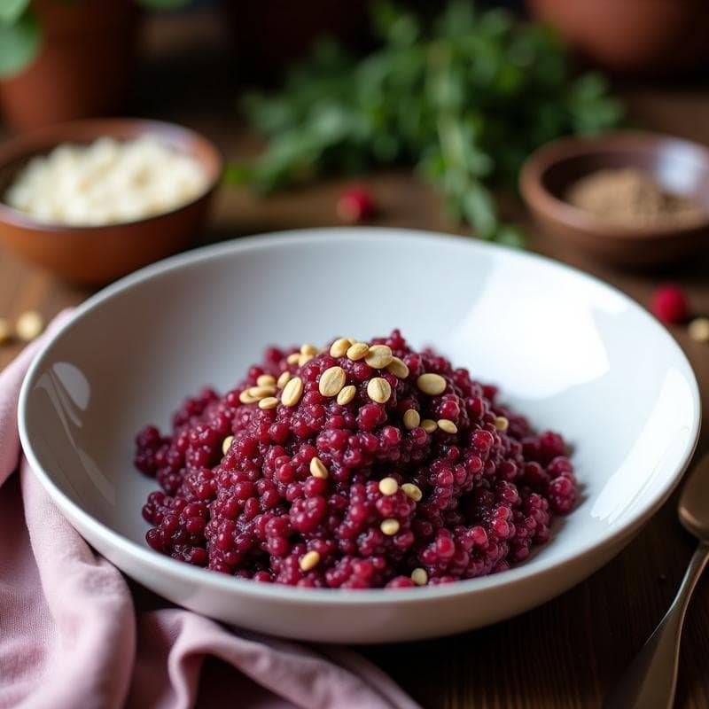 Bowl de quinoa morada con polvo de rosehip y semillas de cáñamo, decorado con arándanos frescos, coco rallado y un fondo de yogur vegetal. Postre andino antioxidante de color vibrante y textura cremosa.