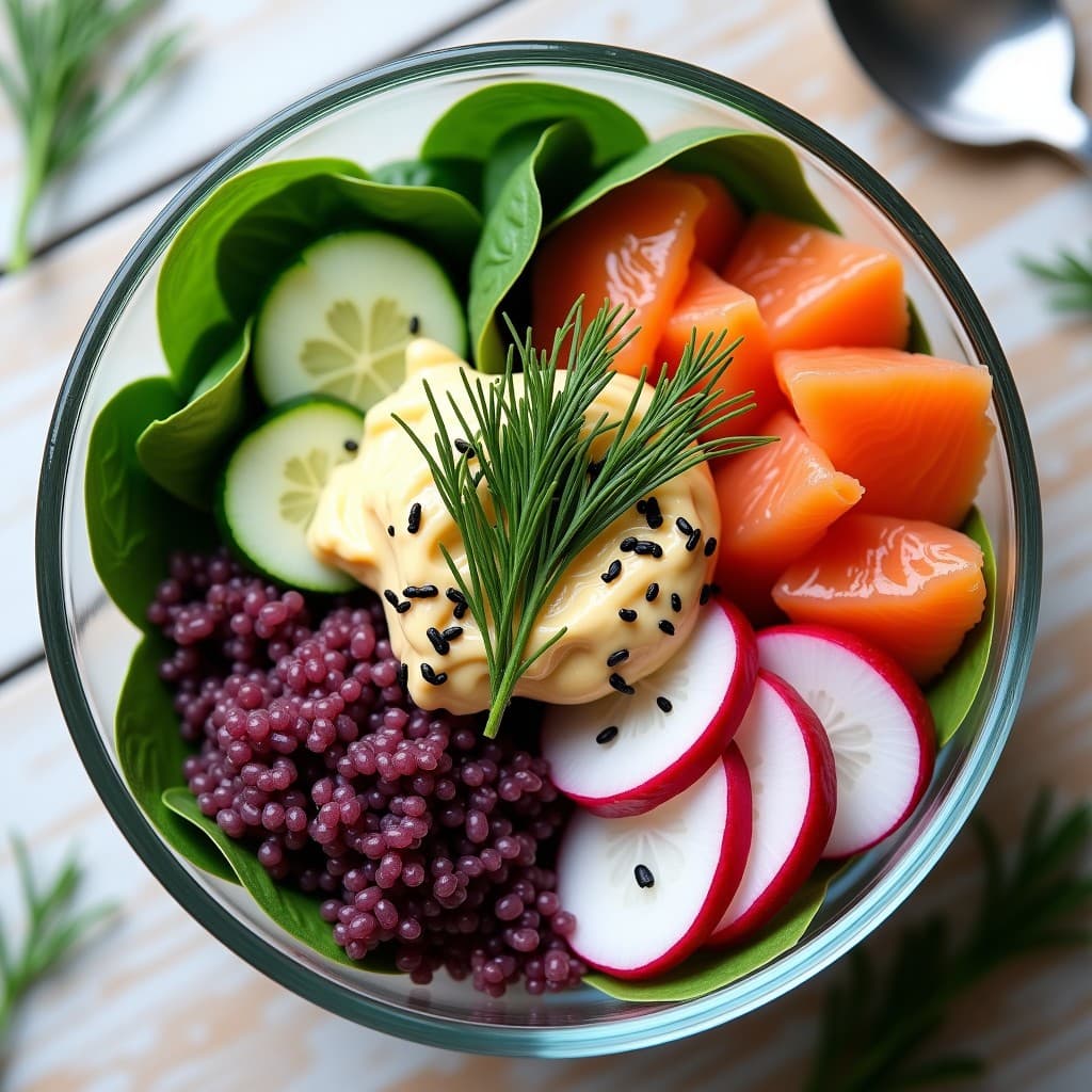 Bowl de quinoa morada y salmón ahumado en tupper transparente, con capas de espinacas, rábanos morados, pepino japonés y aderezo cremoso de yogur y limón. Decorado con semillas de sésamo negro y algas nori.